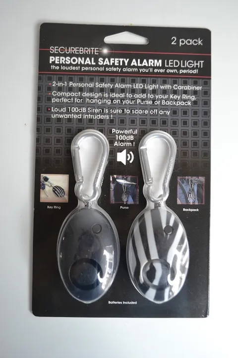 Securebrite Personal Safety Alarm LED Light 2 pack 100DB Solid Black & Zebra