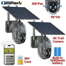 2* Solar Power 4G LTE Cellular 2.5K PTZ Security Camera Trail Cam w/ US SIM Card