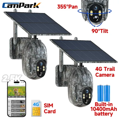 2* Solar Power 4G LTE Cellular 2.5K PTZ Security Camera Trail Cam w/ US SIM Card