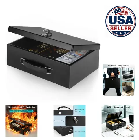 Fireproof Document Box Key Lock Safe 12.8 Inch Portable Black Security Steel