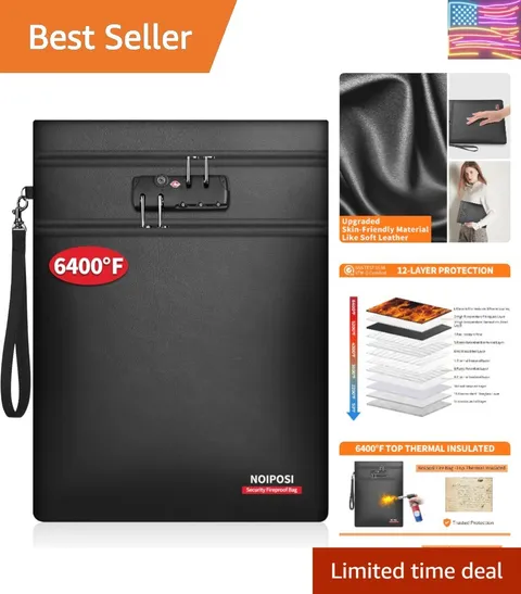 6400℉ Fireproof Document Bag with Lock,Dual-Zip Compartments 15x11 inch Firep...