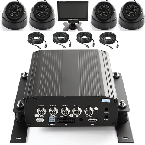 4CH Car Vehicle Mobile DVR Support HDD SD + 4 Cable HD 720P Camera 7" LCD Screen