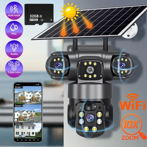 9MP Outdoor Wireless WiFi IP Camera V380 APP 10X ZOOM 3 Lens PTZ Security CCTV