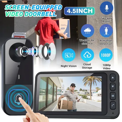 Wireless Camera Video Doorbell Kit 4.5" Monitor 2‑Way Audio IR Night Vision Home