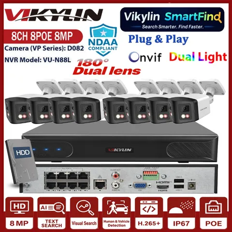 Vikylin SmartFind 8CH 8POE NVR 4K 8MP Dual Lens 180° Panoramic POE IP Camera Lot