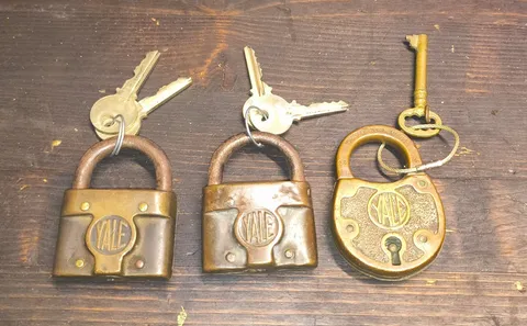 Yale Brass Padlocks Lot of 3 Antique Brass Finish, Keyed w/ 5 Keys
