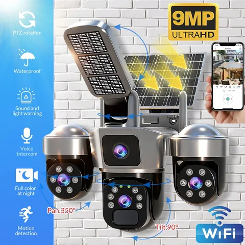 3 Lens Solar Battery Powered Wireless WiFi Outdoor Pan/Tilt Home Security Camera