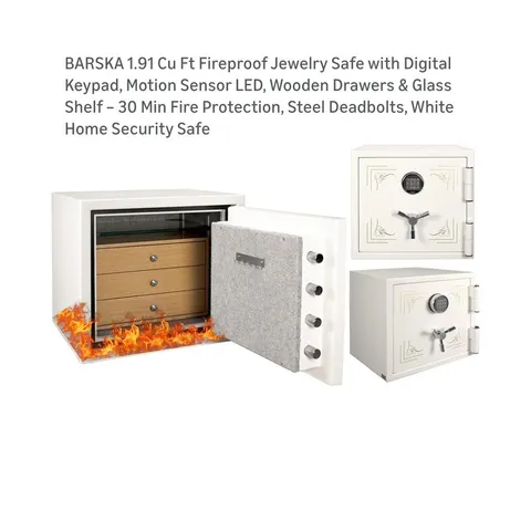 Barska AX13616 Fireproof Jewelry Safe, Digital Keypad, LED, 30 Min, White, Large