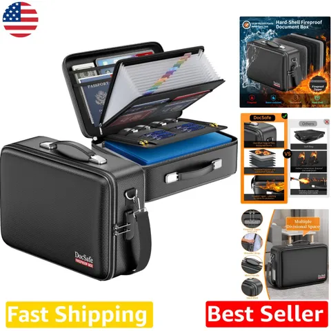 Fireproof Document Box with Lock & Shoulder Strap, Hard-Shell Organizer