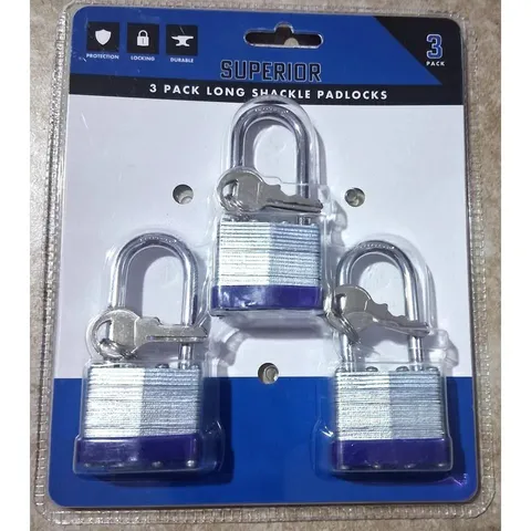 Superior 3-Pack Long Shackle Laminated Padlocks – Keyed Alike (6 Keys)