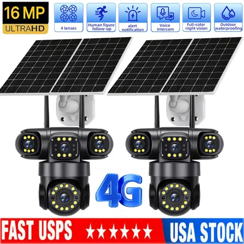 2PCS 16MP 4G SIM Solar Battery Powered Outdoor Pan/Tilt Home Security Camera AOV