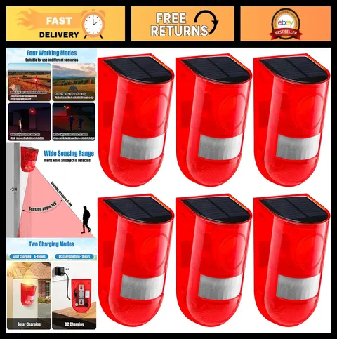 6 Pack Solar Motion Sensor Alarm 129dB Outdoor Strobe Light - Red Security Alert