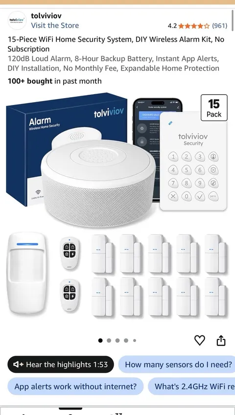tolviviov 15-Piece WiFi Wireless DIY Home Security Alarm Kit 120dB White