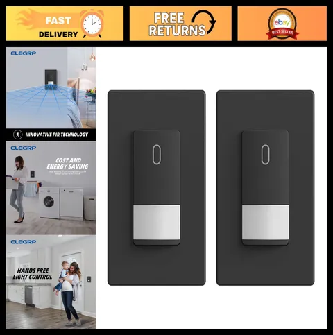 2 Pack Motion Sensor Light Switch - PIR Infrared, No Neutral Wire, Wall Plate, U