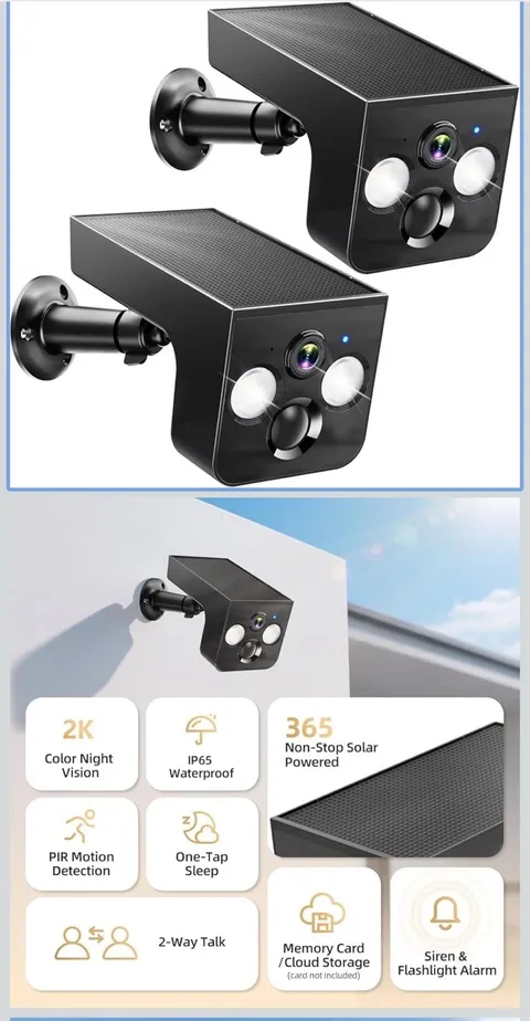 2-Pack 2K Solar Outdoor Wi-Fi Security Cameras IP65 Color Night Vision PIR Siren