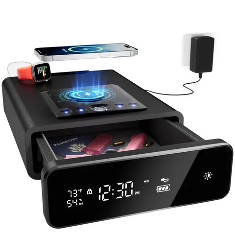 Mboko Biometric Nightstand Gun Safe with Clock Display, Wireless Charging