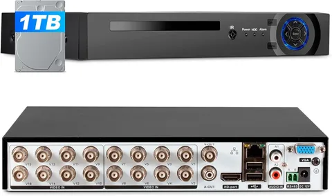 16 Channel H.265+ 5MP Lite DVR HD 1080p Recorder 1TB for Security Camera System