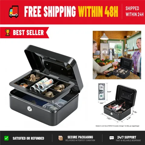 KYODOLED Medium Cash Box with Key Lock, Portable Metal Storage Box