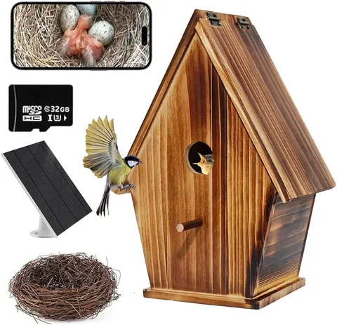 Solar Powered Smart Birdhouse with Camera, 1080P Bird Box with Night Vision