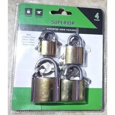 Superior 4-Pack Assorted Iron Padlocks – 4 Sizes, Gold (3 Keys Per Lock)