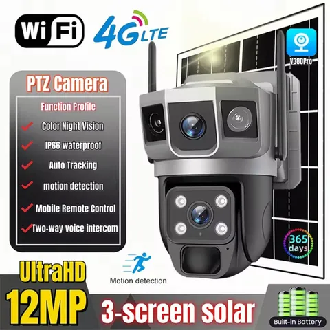 V380Pro Solar Camera 4G Sim Card Camera Triple Screen WiFi Network Security CCTV
