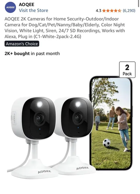 AOQEE 2K Ultra-clear HD Security Cameras 2-Pack Indoor/Outdoor Wired with Color