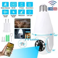 5G WiFi Security Light Bulb Camera 2K HD 360° PTZ Night Vision Cam AI Detect USA