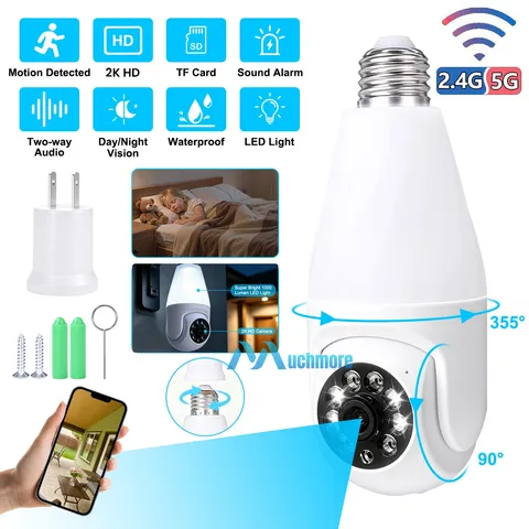 5G WiFi Security Light Bulb Camera 2K HD 360° PTZ Night Vision Cam AI Detect USA