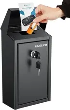 Black Metal Locking Donation Box Wall Mount Mail Cash Drop Box Key Slot Safe New