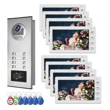 Wired Video Door Phone Kit for 8 Apartments, 7" Monitor, Indoor/Outdoor Intercom