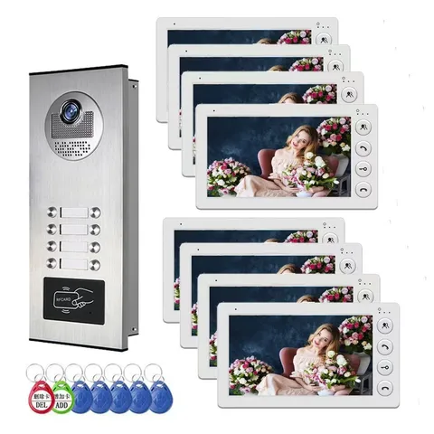 Wired Video Door Phone Kit for 8 Apartments, 7" Monitor, Indoor/Outdoor Intercom