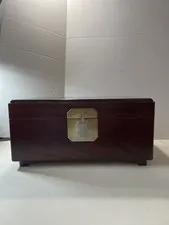 Vintage Locking Wooden Jewelry Box Document Chest w/ Key Brass Plaque 14”