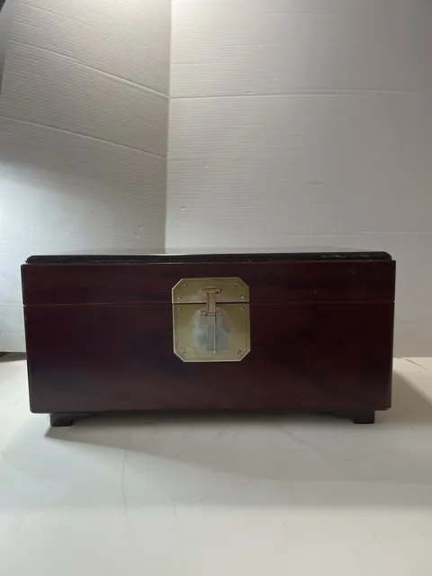 Vintage Locking Wooden Jewelry Box Document Chest w/ Key Brass Plaque 14”