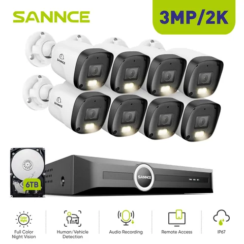 SANNCE 8CH NVR 3MP Color Night PoE IP Security Camera System Audio Recording AI