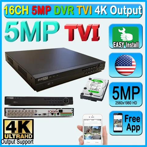 16CH TVI 5MP DVR H265 4k Output 2560x1960 Record System phone P2P Free App