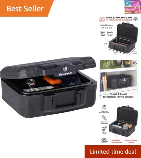 Fireproof Money Safe with Key Lock, Black Lock Box with Portable Carrying Han...