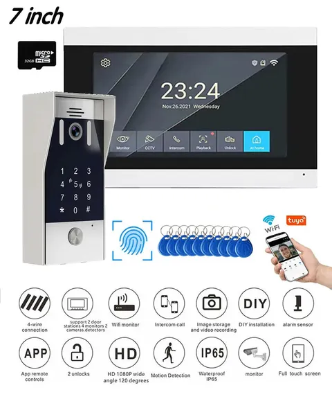 New 5in1 Fingerprint Unlock Tuya Smart 1080P 7inch LCD Wifi Video Intercom
