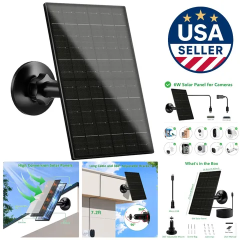High Efficiency 6W Solar Charger for Outdoor Cameras -  Waterproof, Black