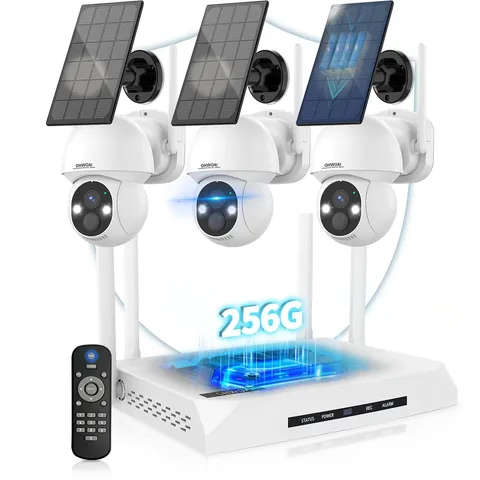 4MP Outdoor Wireless Security Camera System, Solar Powered Battery White