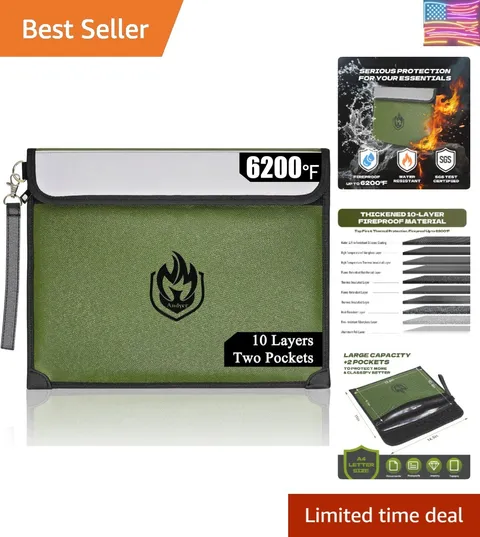2 Pockets Fireproof Document Bag 6200°F, 10 Layers Waterproof Fireproof Money...