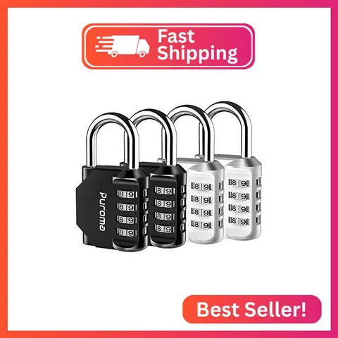 Puroma 4 Combination Lock Locker 4 Digits Combo Padlock Gym Silver & Black