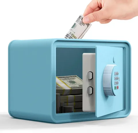Mini Security Cash Box Kids Piggy Bank Portable Metal Money Saving Storage Blue