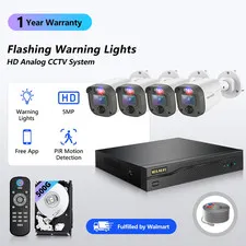 5MP Wired Security Camera System with Red & Blue Warning Lights, 4CH DVR 500GB H