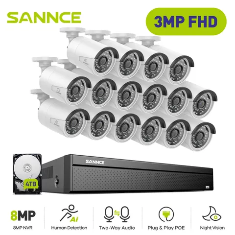 SANNCE 16CH 4K NVR HD 3MP PoE Security Camera System Two Way Audio AI Detection