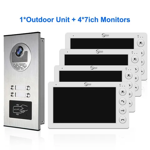 4-Unit 7-Inch Wired Video Door Phone Kit, Apartment Intercom System with Indoor