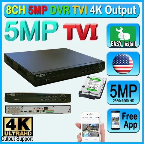 8CH TVI 5MP DVR H265 4k Output 2560x1960 Record System phone P2P Free App