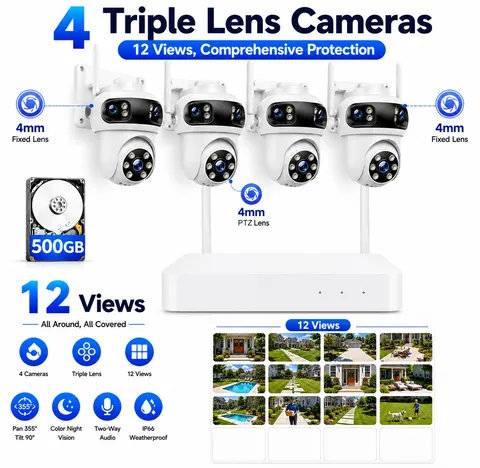 10CH NVR 3K Wireless Security Camera System WiFi Outdoor IP Two Way Audio 3-Lens