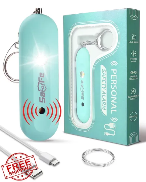 Personal Safety Alarm Women Blue Waterproof Rechargeable 140dB Siren SOS Light
