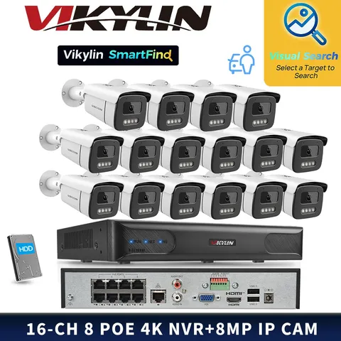 VIKYLIN SmartFind 8POE 16CH NVR Full Color 8MP 4K IP Camera Motion Detection Lot