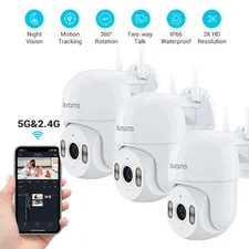 Security Camera Outdoor Wired, 2K IP66 2.4Ghz Wifi Camera 360° PTZ for House Sec